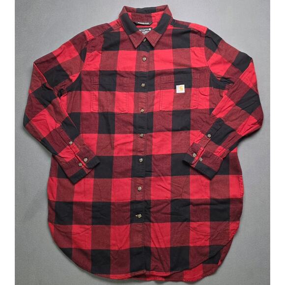 Carhartt Women XL Rugged Flex Fit Midweight Flannel Tunic Top Side Pockets Plaid - Picture 2 of 10